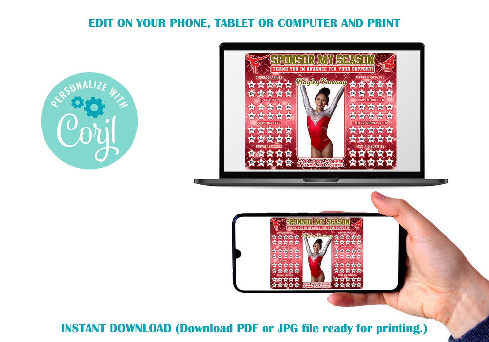 Editable Red Gymnastics Donation Calendar Sparkly Template