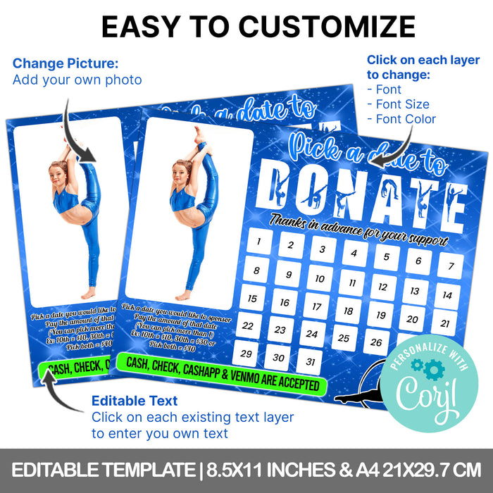 Gymnastics Pick a Date to Donate Fundraising Calendar | Fundraiser Pay The Date Template