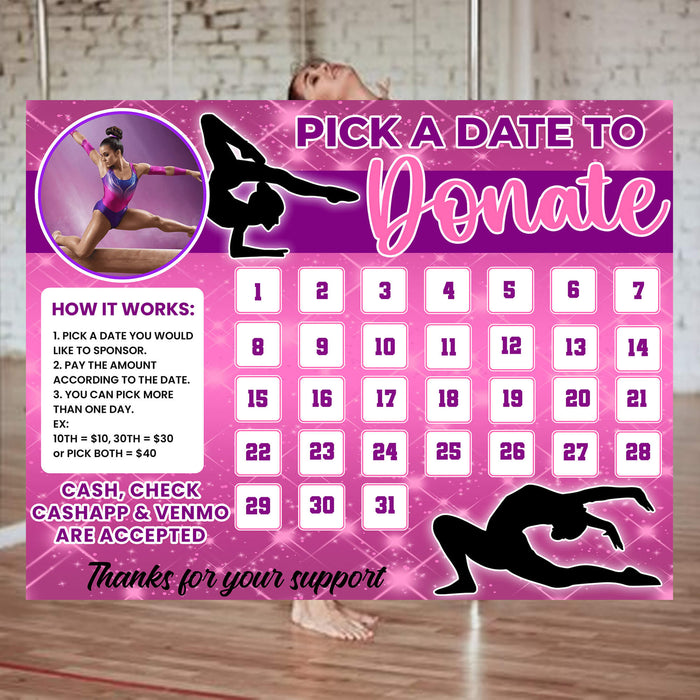 Gymnast Pick A Date To Donate Calendar | Gymnastics Themed Fundraising Donation Template