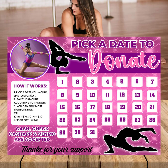 Gymnast Pick A Date To Donate Calendar | Gymnastics Themed Fundraising Donation Template