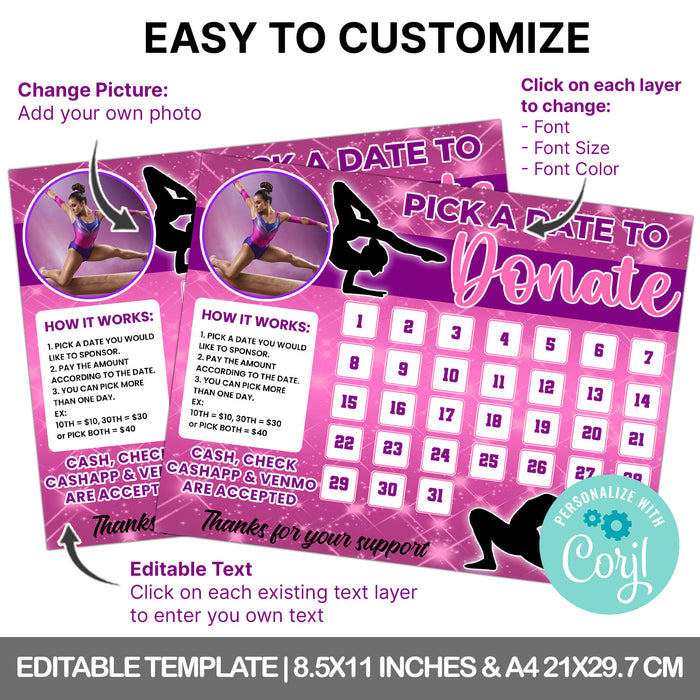 Gymnast Pick A Date To Donate Calendar | Gymnastics Themed Fundraising Donation Template