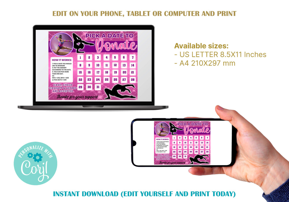 Gymnast Pick A Date To Donate Calendar | Gymnastics Themed Fundraising Donation Template