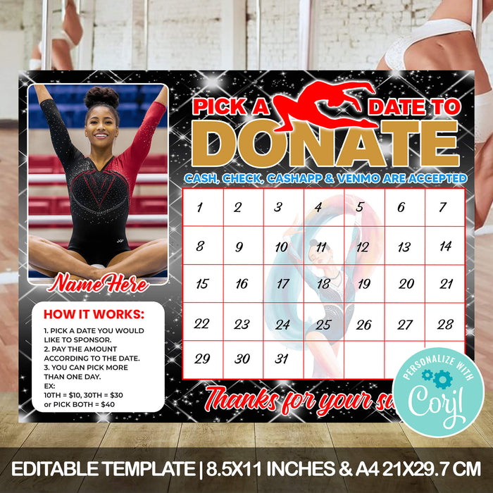 Gymnast Pick A Date Fundraising | Gymnastics Pick a Date to Donate Calendar Template