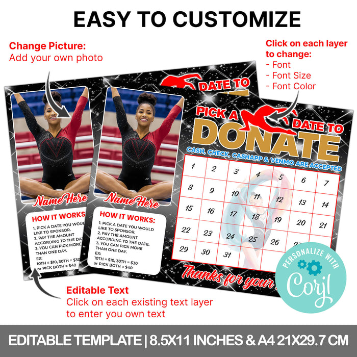 Gymnast Pick A Date Fundraising | Gymnastics Pick a Date to Donate Calendar Template