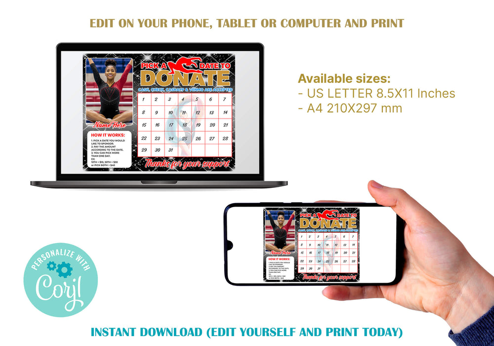 Gymnast Pick A Date Fundraising | Gymnastics Pick a Date to Donate Calendar Template