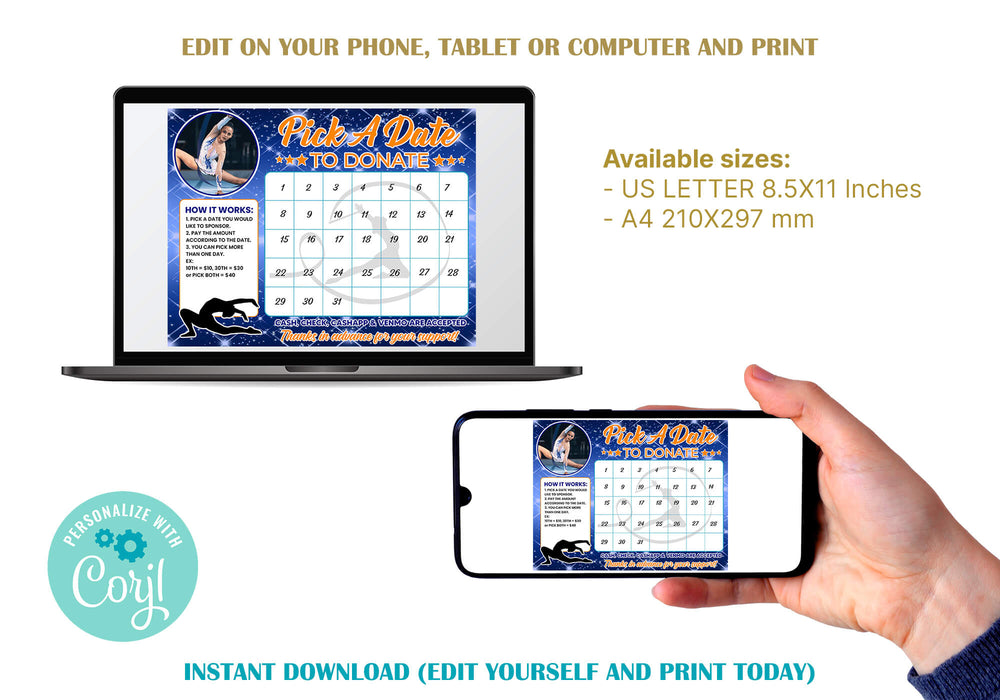 Customizable Gymnastics Pick a Date to Donate | Gymnast Fundraising Donation Calendar Template