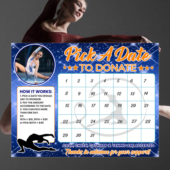 Customizable Gymnastics Pick a Date to Donate | Gymnast Fundraising Donation Calendar Template