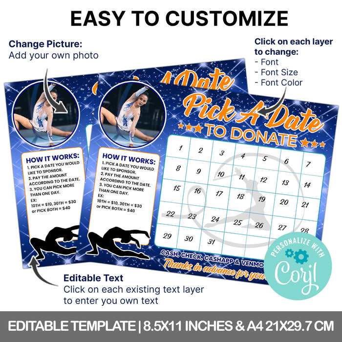 Customizable Gymnastics Pick a Date to Donate | Gymnast Fundraising Donation Calendar Template