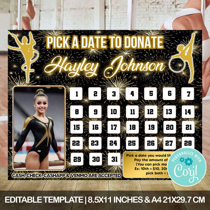 Gymnastics Themed Donation Calendar | Gymnast Pick a Date to Donate Fundraiser Template