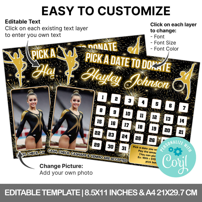 Gymnastics Themed Donation Calendar | Gymnast Pick a Date to Donate Fundraiser Template