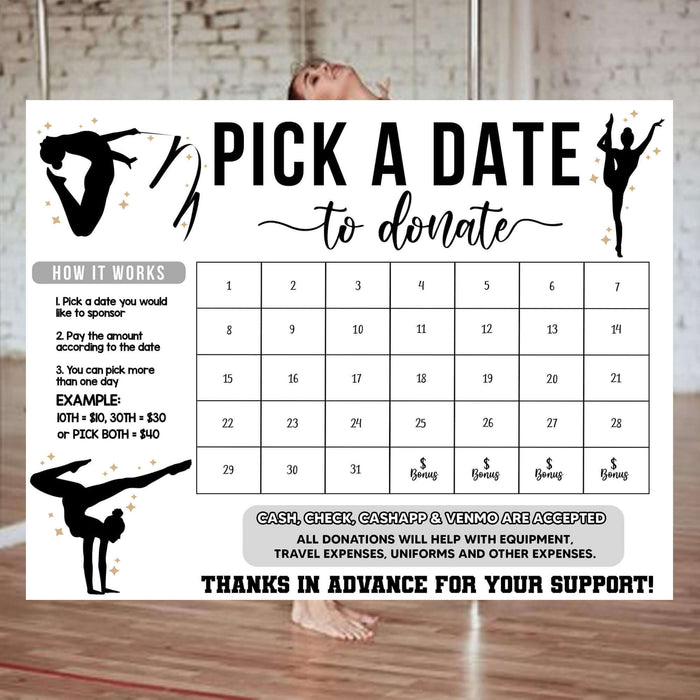 DIY Minimalist Gymnastics Themed Donation Calendar | Gymnast Pick a Date to Donate School Fundraiser Template