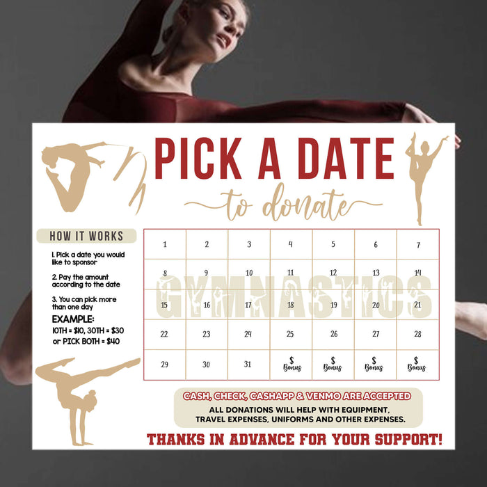 Minimalist Gymnastics Donation Calendar Template | School Gymnast Pick a Date to Donate School Fundraiser