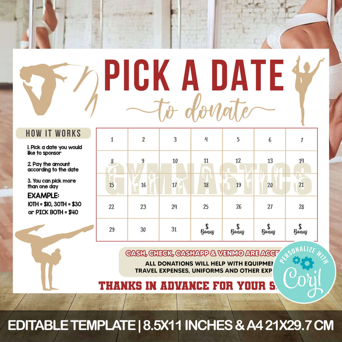 Minimalist Gymnastics Donation Calendar Template | School Gymnast Pick a Date to Donate School Fundraiser