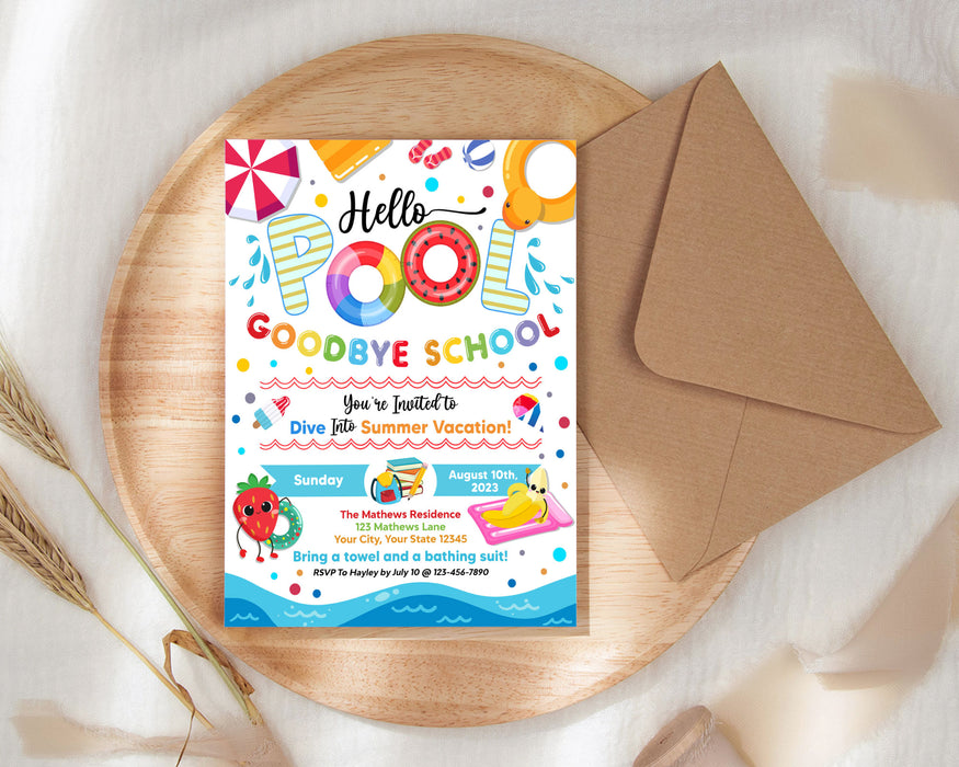Customizable Hello Pool Goodbye School Party Invitation| Summer End of School Party Flyer Invite  Template