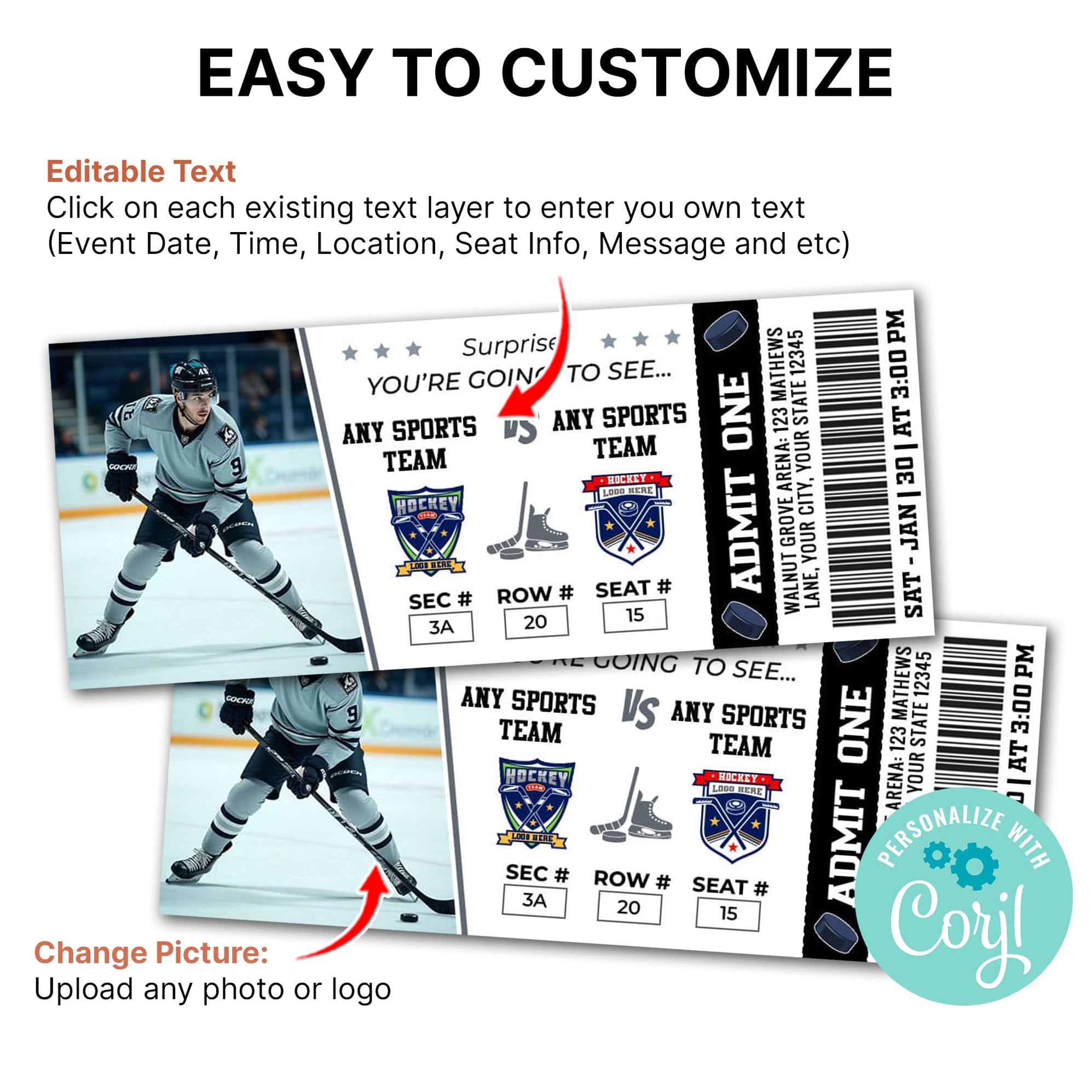 Customizable Hockey Game Ticket Template | Sports Game Themed Ticket ...