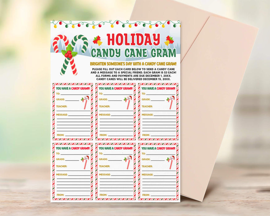 DIY Holiday Candy Cane Flyer and Gram Card Template | Christmas PTO PTA School Fundraiser Event