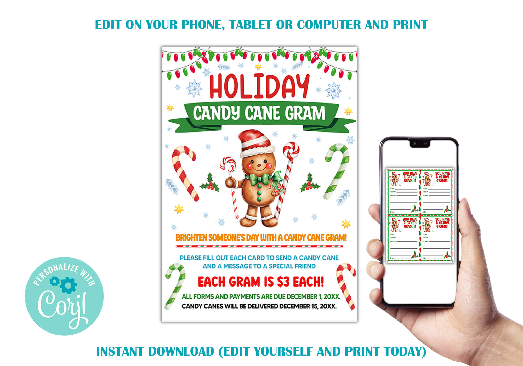 DIY Christmas Candy Cane Gram Flyer Template Holiday PTO PTA School