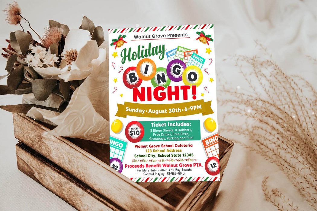 DIY Holiday Bingo Night Flyer Template| School and Community Game Night Event Flyer Template