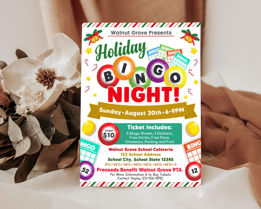 DIY Holiday Bingo Night Flyer Template| School and Community Game Night Event Flyer Template