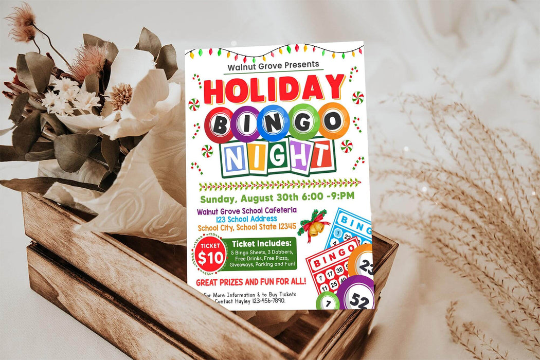 Customizable Holiday Bingo Night Flyer Template| School and Community Christmas Game Night Event Flyer