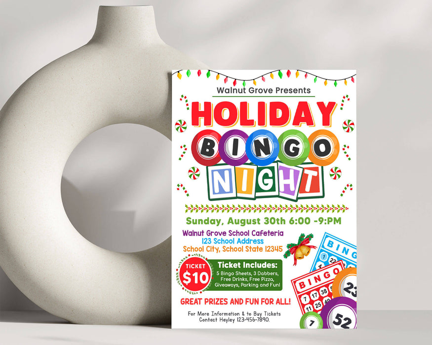 Customizable Holiday Bingo Night Flyer Template| School and Community Christmas Game Night Event Flyer