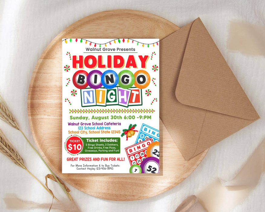 Customizable Holiday Bingo Night Flyer Template| School and Community Christmas Game Night Event Flyer - Posh Park customizable-holiday-bingo-night-flyer-template-school-and-community-christmas-game-night-event-flyer-posh-park