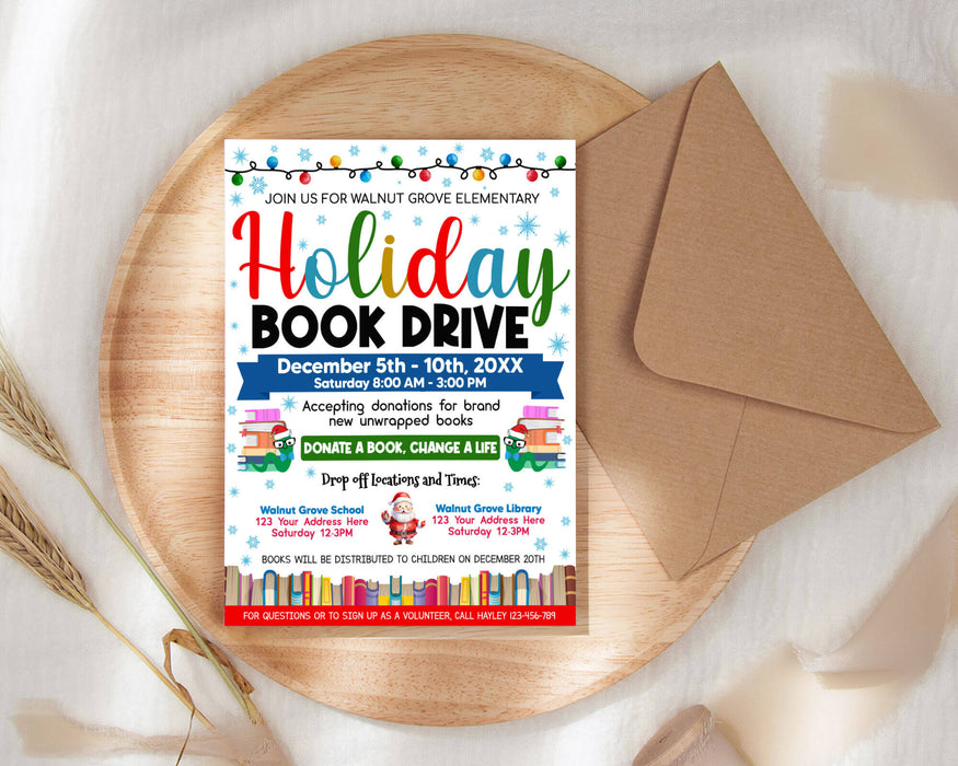 DIY Holiday Book Drive Flyer | Christmas School Fundraising Event Flyer Template