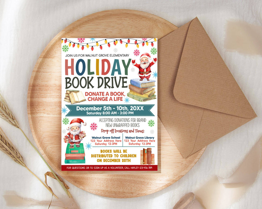 Customizable Holiday Book Drive Flyer Template | Christmas School Fundraising Drive Poster