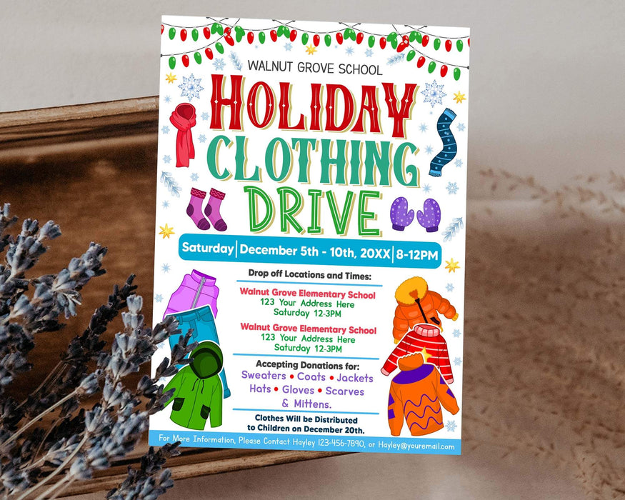 Customizable Holiday Clothing Drive Flyer Template | School and Community Winter Fundraiser Poster Invite