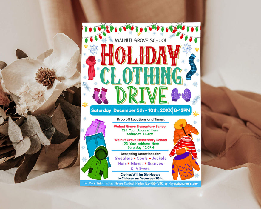 Customizable Holiday Clothing Drive Flyer Template | School and Community Winter Fundraiser Poster Invite