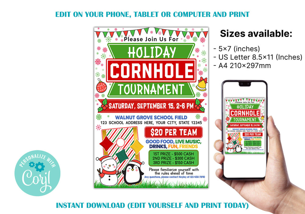 Customizable Holiday Cornhole Tournament Flyer Template | School and Community Holiday Fundraiser Poster Invite