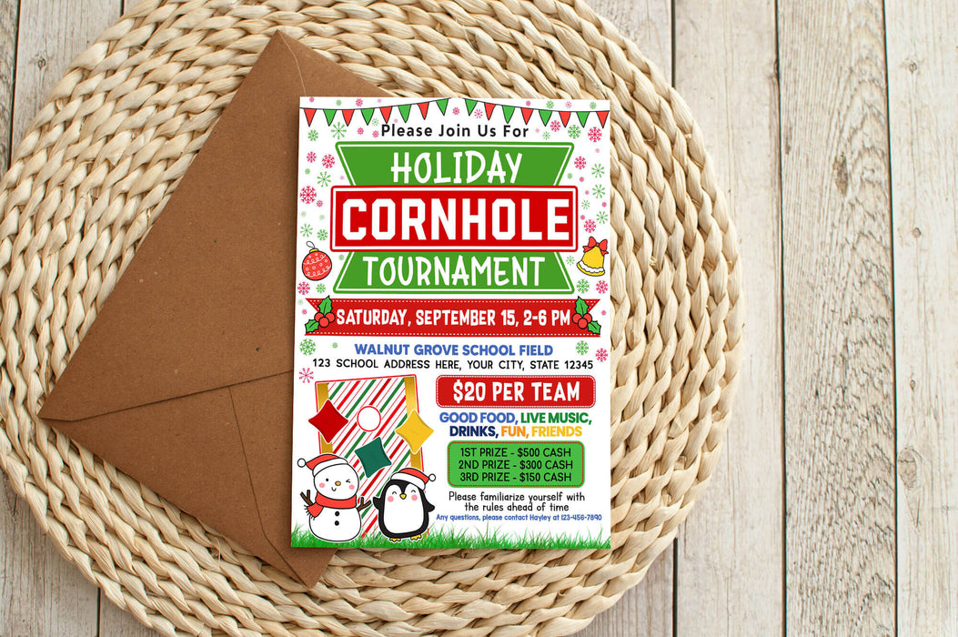 Customizable Holiday Cornhole Tournament Flyer Template | School and Community Holiday Fundraiser Poster Invite