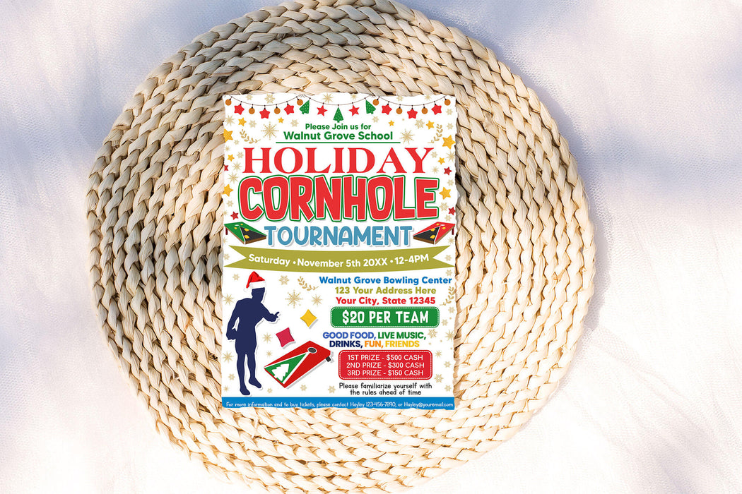 DIY Holiday Cornhole Tournament Flyer | Holiday School and Community Fundraising Sports Event Template