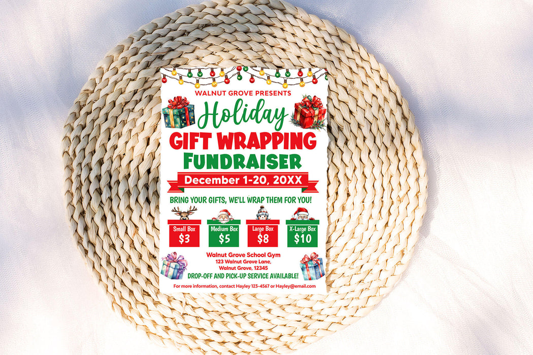 Holiday Gift Wrapping Fundraiser Flyer Template | Christmas Fundraising Event Invitation