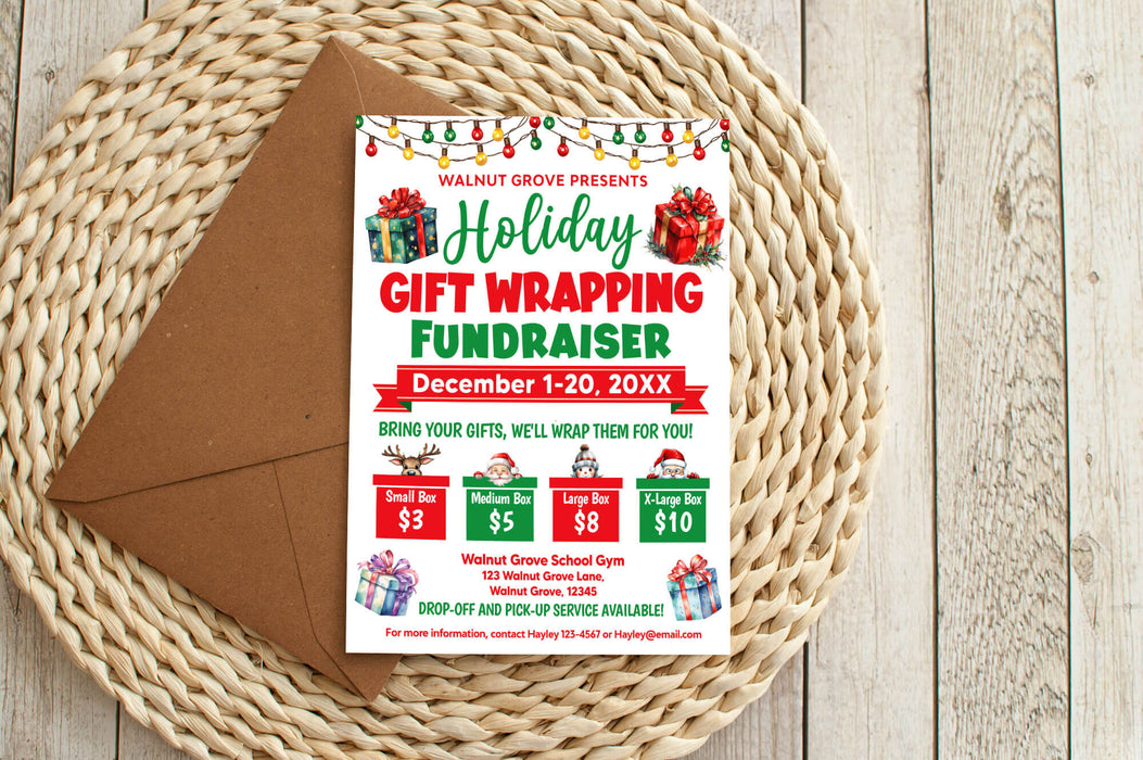 Holiday Gift Wrapping Fundraiser Flyer Template | Christmas Fundraising Event Invitation