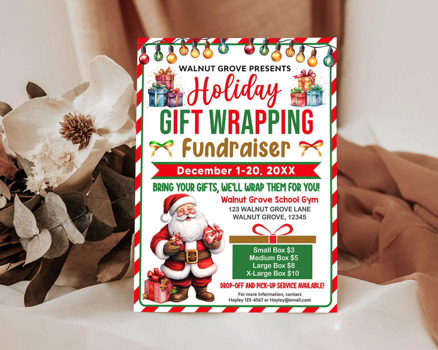 DIY Holiday Gift Wrapping Fundraiser Flyer Template | School Church Community Christmas Fundraising Event Invite