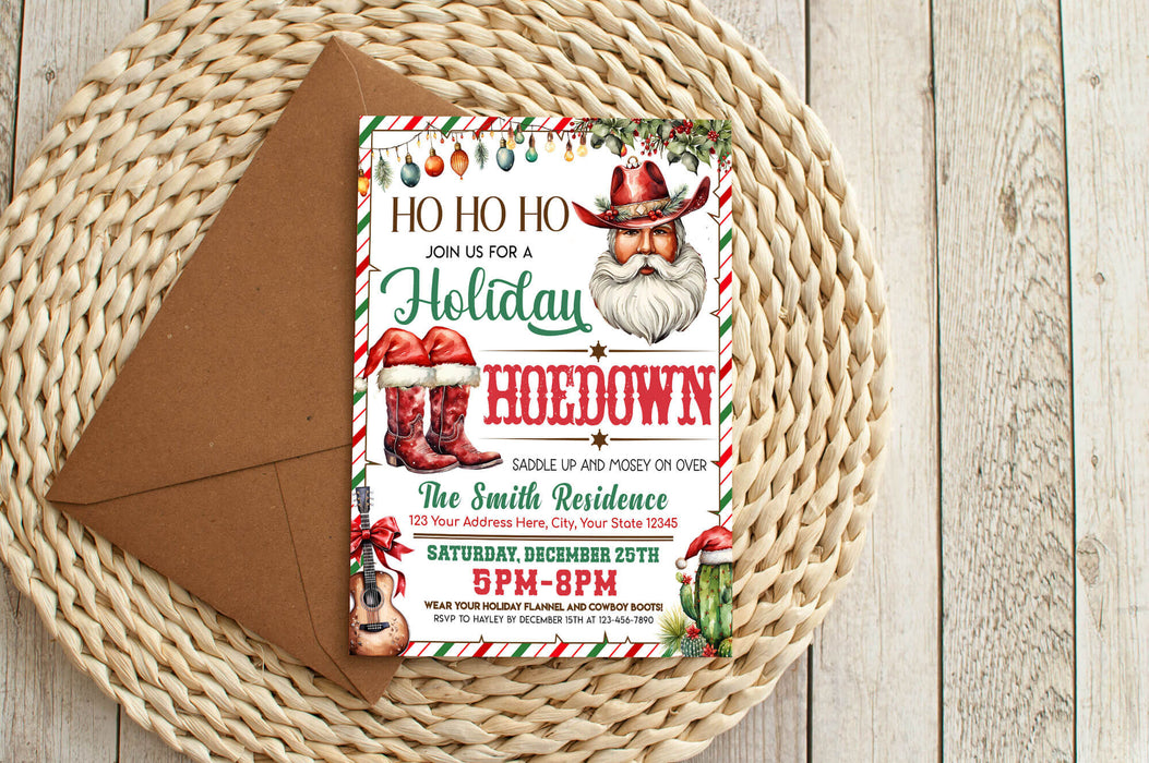 DIY Holiday Hoedown Invitation Template | Cowboy Santa Christmas Party Invite