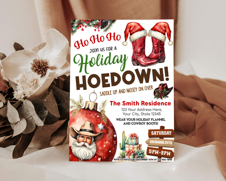 Customizable Holiday Hoedown Invitation | Western Christmas Party Cowboy Santa Invite