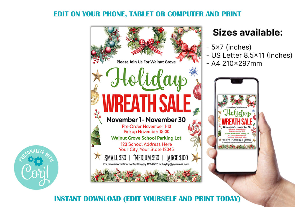 DIY Holiday Wreath Sale Flyer | Christmas Fundraising Sale Event Invitation