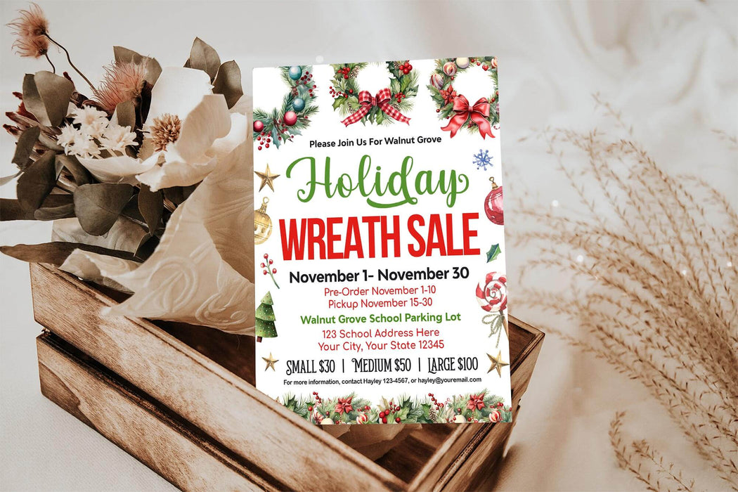 DIY Holiday Wreath Sale Flyer | Christmas Fundraising Sale Event Invitation