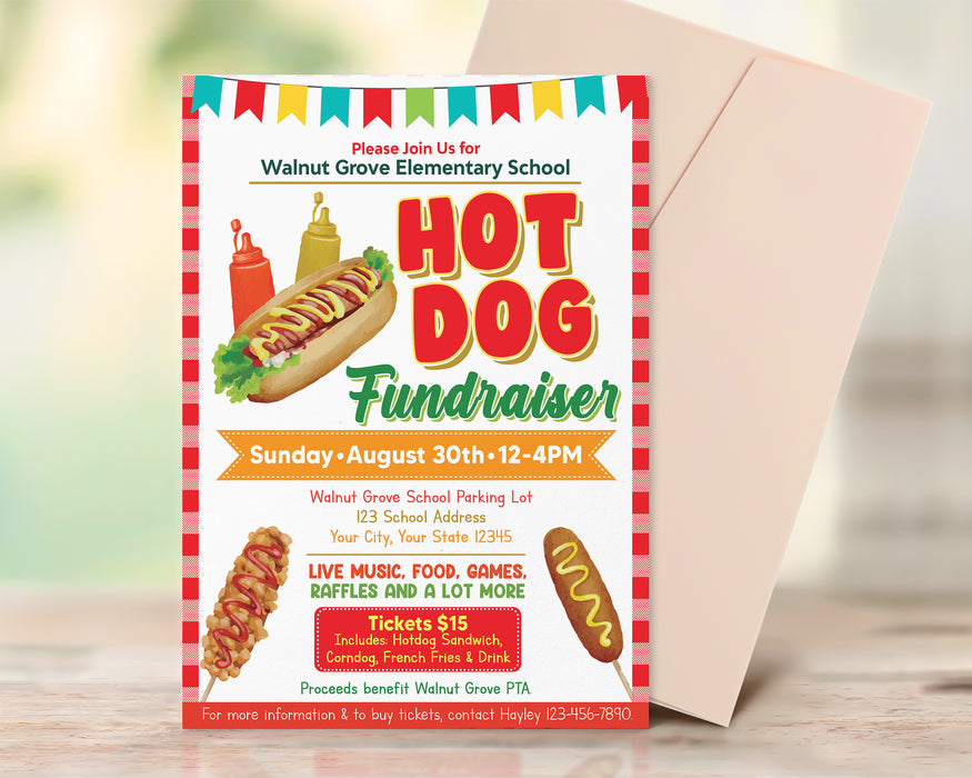 Customizable Hotdog Fundraiser Flyer Template | School Hotdog Fundraising Event Flyer