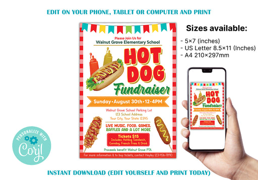 Customizable Hotdog Fundraiser Flyer Template | School Hotdog Fundraising Event Flyer