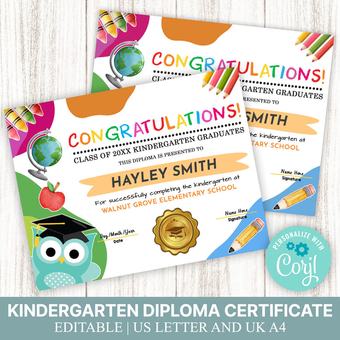 DIY Kindergarten School Graduation Diploma | Any Grade Kids Diploma Certificate Template