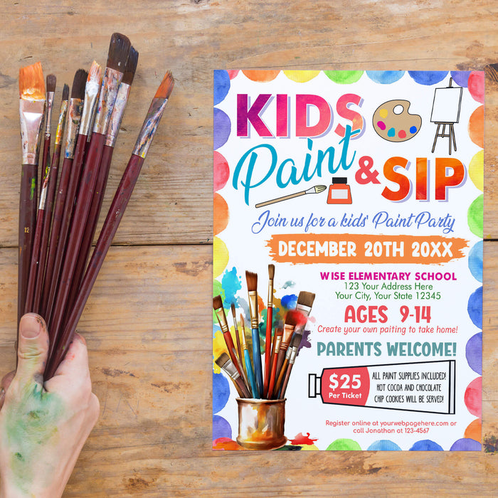Customizable Kids Sip and Paint Flyer | Kids Painting Event Invite Template