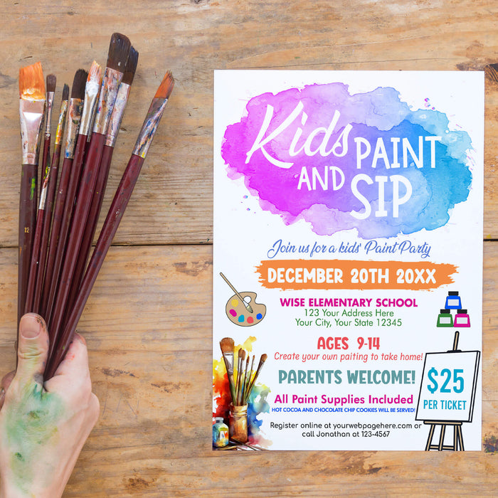 Kids Paint and Sip Flyer | Kids Party Painting Event Invitation Template