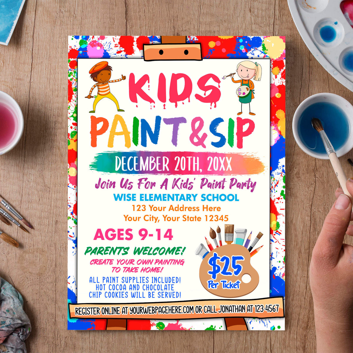 Kids Sip and Paint Event Flyer | Painting Party Activity For Kids