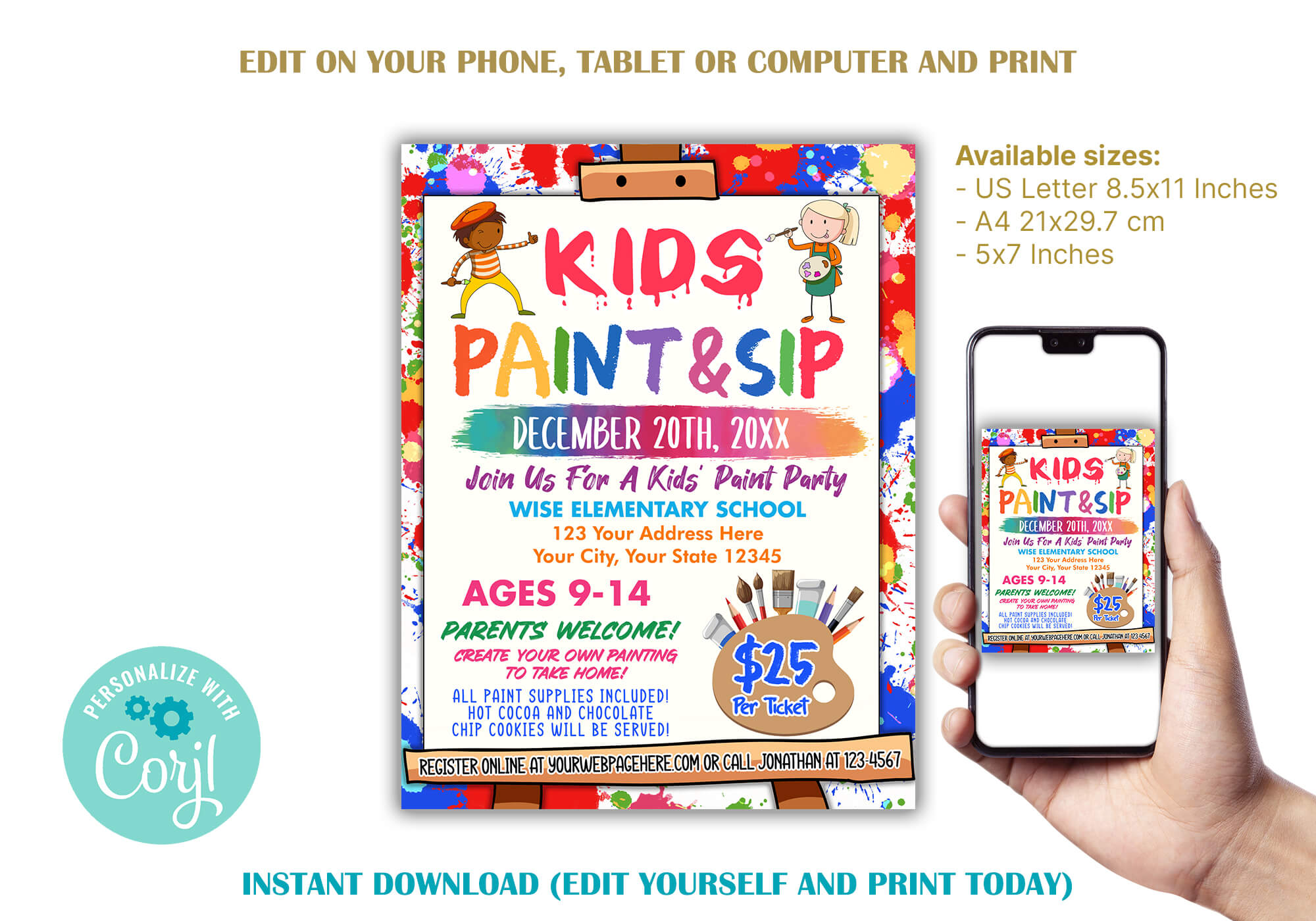 Kids Sip and Paint Event Flyer | Painting Party Activity For Kids
