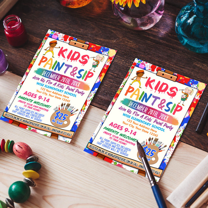 Kids Sip and Paint Event Flyer | Painting Party Activity For Kids Invitation