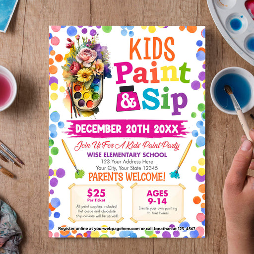 Kids Sip and Paint Party Flyer | Kids Painting Event Invite Poster Template