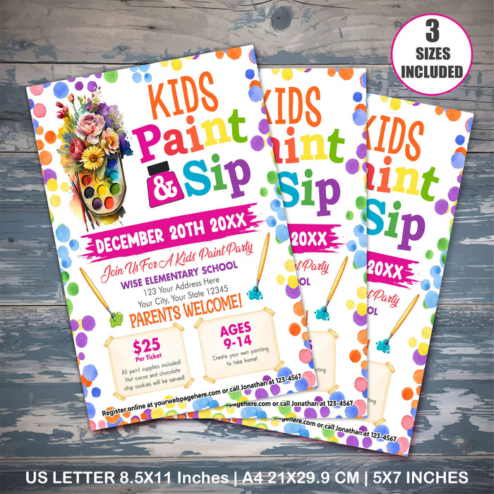 Kids Sip and Paint Party Flyer | Kids Painting Event Invite Poster Template